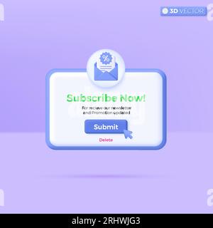 Symboles d'icône de bannière de notification de rappel d'abonnement. Boîte contextuelle, enveloppe avec signe de pourcentage de réduction. Coupon cadeau, concept de marketing en ligne. 3D ve Illustration de Vecteur