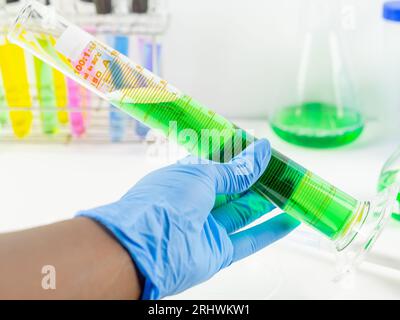 Gros plan d'une main femelle tenant un cylindre mesureur avec un échantillon liquide vert à l'intérieur d'un laboratoire Banque D'Images