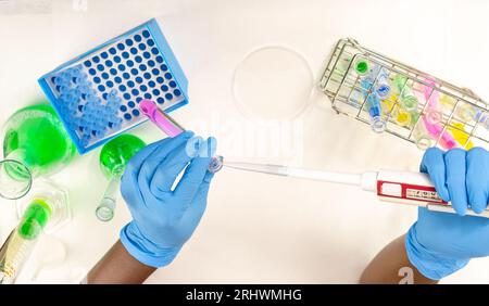 Gros plan des mains d'une femme avec des gants sur le prélèvement d'un échantillon d'un liquide dans un tube à essai à l'aide d'une micropipette. Banque D'Images