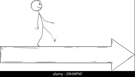 Personne marchant sur Big Arrow, Vector Cartoon Stick Figure Illustration Illustration de Vecteur