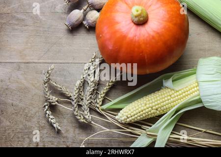 une nature morte avec citrouille, cors sucrés, coquelicots et oreilles d'avoine Banque D'Images