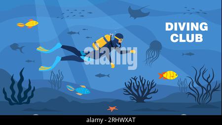 Bannière de club de plongée. Plongeur avec équipement de plongée nage dans la mer. Bannière Seascape avec homme sous l'eau. Personnage portant une combinaison de plongée avec réservoir d'oxygène et Illustration de Vecteur
