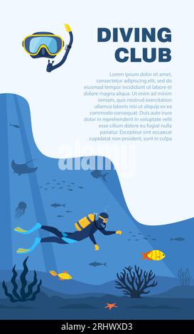 Plongeur avec équipement de plongée nage dans la mer. Bannière Seascape avec homme sous l'eau. Personnage portant une combinaison de plongée avec réservoir d'oxygène et ailettes. Wor sous-marin Illustration de Vecteur
