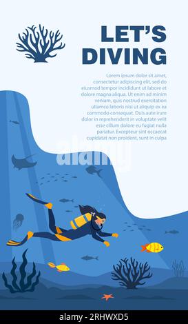 Plongeur avec équipement de plongée nage dans la mer. Bannière Seascape avec homme sous l'eau. Personnage portant une combinaison de plongée avec réservoir d'oxygène et ailettes. Wor sous-marin Illustration de Vecteur