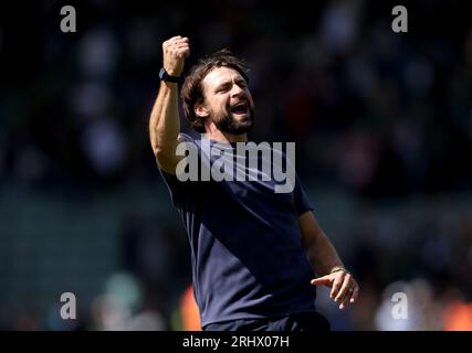 Russell Martin, entraîneur de Southampton, célèbre à la fin du match du championnat Sky Bet à Home Park, Plymouth. Date de la photo : Samedi 19 août 2023. Banque D'Images