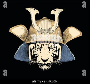 T-shirt design of a tiger head with a samurai helmet. Fantastic style vector illustration for children's stories. Stock Vector