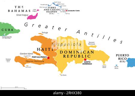 Hispaniola et ses environs, carte politique colorée. Île des Caraïbes divisée en Haïti et République dominicaine, faisant partie des grandes Antilles, à côté de Cuba. Banque D'Images