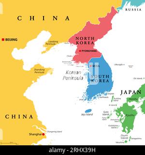 Région de la péninsule coréenne, carte politique colorée. Région péninsulaire Corée en Asie de l'est, divisée entre Corée du Nord et Corée du Sud. Banque D'Images