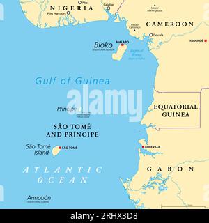 Ligne du Cameroun, chaîne d'îles volcaniques au large des côtes de l'Afrique de l'Ouest, carte politique. Longue chaîne de volcans dont des îles du golfe de Guinée. Banque D'Images