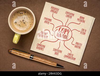 copywriting infographies ou croquis de carte mentale sur une serviette avec café, marketing, image de marque et concept de communication Banque D'Images