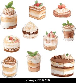 Gâteau tiramisu collection isolé sur fond blanc. Illustration à l'aquarelle dessinée à la main. Illustration de Vecteur