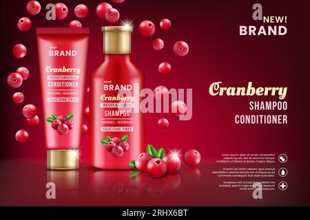 Cosmétique de canneberge. Bannière publicitaire shampooing et revitalisant. Extrait de fruit 3d en bouteille rouge 3D. Huile de bain. Spa de jus de fruits naturels. Baies et feuilles de plantes. Cheveux Illustration de Vecteur