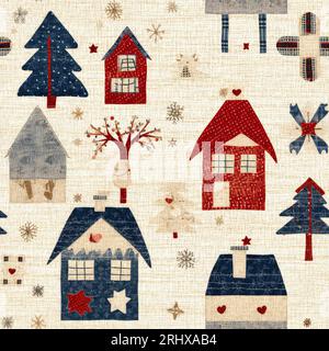 Chalet de noël rustique avec effet de tissu de couture à la main primitive. Cosy nostalgique shabby chic homespun americana hiver artisanat style Banque D'Images