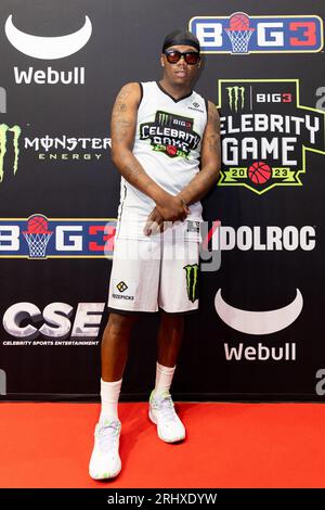 Washington, États-Unis. 19 août 2023. Symba arrive au Monster Energy Big3 Celebrity Game le 19 août 2023 à Washington DC (Julia Nikhinson/Sipa USA) crédit : SIPA USA/Alamy Live News Banque D'Images