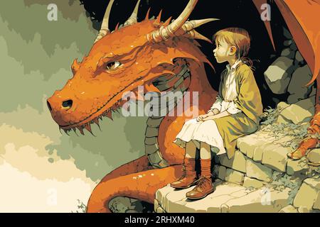 Une jeune fille et son ami dragon. Amitié / concept d'aventure. Vector Art.. Fantasy, Storybook, personnage de conte de fées. Roman graphique, style comique. Illustration de Vecteur