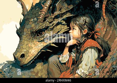 Une jeune fille et son ami dragon. Amitié / concept d'aventure. Vector Art.. Fantasy, Storybook, personnage de conte de fées. Roman graphique, style comique. Illustration de Vecteur