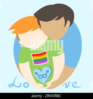 Garçons gays dans l'amour tenant des signes masculins dans le coeur sur fond bleu Illustration de Vecteur