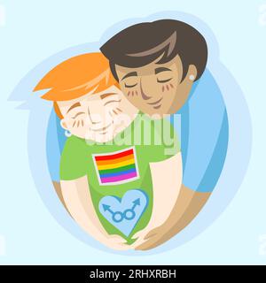 Garçons gays dans l'amour tenant des signes masculins dans le coeur sur fond bleu Illustration de Vecteur