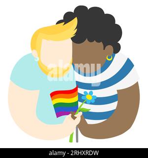 LGBT garçons dans l'amour tenant drapeau arc-en-ciel et fleur - illustration vectorielle simple Illustration de Vecteur