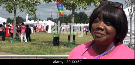 Capture d'écran tirée de la vidéo de Chloe Davies, responsable des finances à UK Black Pride, au Queen Elizabeth Olympic Park dans l'est de Londres. Date de la photo : Samedi 19 août 2023. Banque D'Images