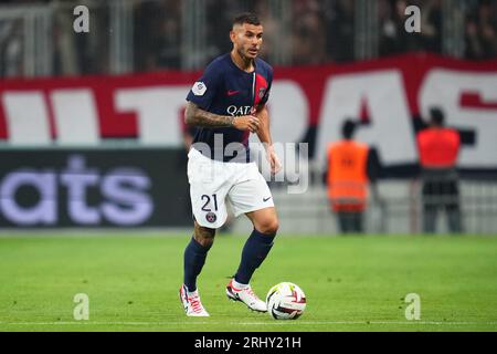 Toulouse, France. 18 août 2023. Lucas Hernandez du Paris Saint-Germain lors du match de Liga entre le Toulouse FC et le Paris Saint-Germain a joué au Stade Toulouse le 19 août 2023 à Toulouse, Espagne. (Photo de BAGU BLANCO PRESSINPHOTO) crédit : PRESSINPHOTO SPORTS AGENCY/Alamy Live News Banque D'Images