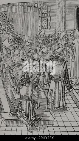 Mehmed II (1432-1481) Sultan ottoman. Son âme est saisie par le diable. Ses deux fils, Bajazet et CEM, devant le lit de mort. Gravure d'après 'Description du siége de la ville de Rhodes', 1496. « Vie militaire et religieuse au Moyen Age et à l'époque de la Renaissance ». Paris, 1877. Banque D'Images