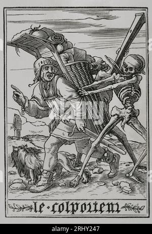 Le Pedlar. La mort est représentée en visitant un colporteur qui se promène en transportant toutes ses marchandises à vendre. Fac-similé d'une gravure appartenant à la série 'la danse de la mort' de Hans Holbein le Jeune, dans 'les Simulachres et histoires faciées de la mort', 1538. « Vie militaire et religieuse au Moyen Age et à l'époque de la Renaissance ». Paris, 1877. Banque D'Images