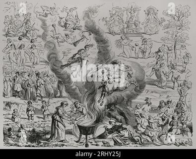 Sabbat des sorcières tel que rapporté dans un jugement rendu par la cour d'Arras en 1460. Les sorcières montent sur les balais et les chèvres, dansent avec les faunes, tiennent des serpents, jouent de la musique et font bouillir des grenouilles et des serpents dans un chaudron. Gravure d'après une illustration du 16e siècle. Gravure sur bois par Etienne Huyot et Jules Huyot. 'La vie militaire et religieuse au Moyen Age et à l'époque de la Renaissance', Paris, 1877. Auteur : Etienne Huyot (1807-1885). Graveur français. Jules Huyot (1841-1921) Graveur français. Banque D'Images