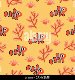 Vector Seamless modèle avec de beaux poissons exotiques, collection de poissons de reafs de corail avec des coraux, algues sur fond orange. Motif de poisson tropical exotique avec poisson clownfish. Illustration vectorielle Illustration de Vecteur