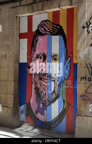 Barcelone, Espagne - 09 août 2023 : Portrait graffiti de Lionel Messi à Barcelone Banque D'Images