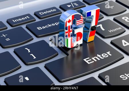 G7 sur clavier d'ordinateur portable. Rendu 3D. Banque D'Images