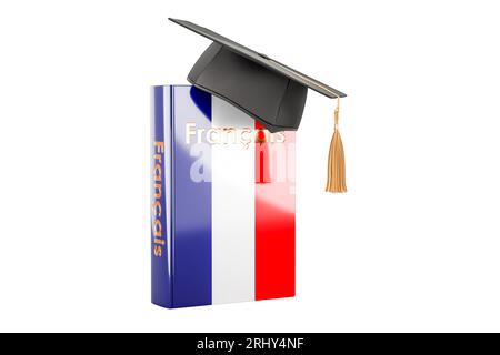 Manuel de langue française avec chapeau de graduation. Apprendre la langue française, cours. Rendu 3D isolé sur fond blanc Banque D'Images