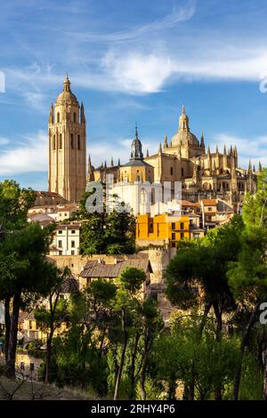 Cathédrale de Ségovie bâtiment gothique médiéval avec des flèches richement décorées, parmi les arbres verts, été, Espagne. Banque D'Images