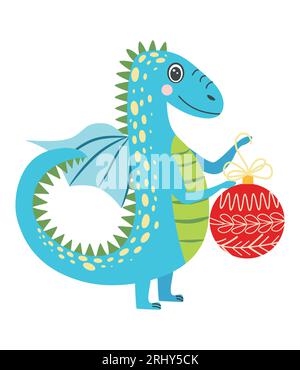 Mignon dragon de noël dans le chapeau de père noël. Année du Dragon 2024, calendrier chinois. Illustration de Vecteur