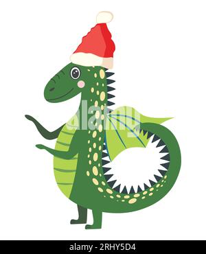 Mignon dragon de noël vert dans le chapeau de père noël. Année du Dragon 2024, calendrier chinois. Illustration de Vecteur