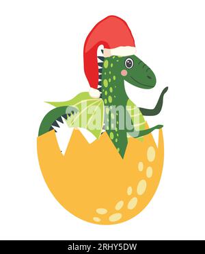 Mignon dragon de noël vert dans le chapeau de père noël. Année du Dragon 2024, calendrier chinois. Illustration de Vecteur