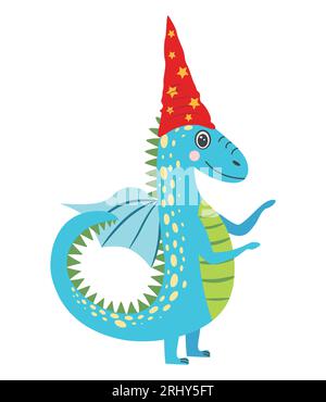 Mignon dragon de noël dans le chapeau de père noël. Année du Dragon 2024, calendrier chinois. Illustration de Vecteur