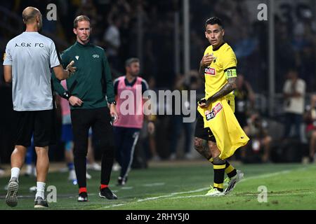 Zagreb, Croatie. 19 août 2023. ATHÈNES, GRÈCE - 19 AOÛT : Sergio Araujo de l'AEK lors du troisième tour de qualification de l'UEFA Champions League match de deuxième étape entre l'AEK Athènes et le Dinamo Zagreb à l'AEK Arena le 19 août 2023 à Athènes, Grèce. Photo : Marko Lukunic/PIXSELL crédit : Pixsell/Alamy Live News Banque D'Images