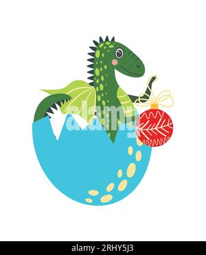 Mignon dragon de noël vert dans le chapeau de père noël. Année du Dragon 2024, calendrier chinois. Illustration de Vecteur