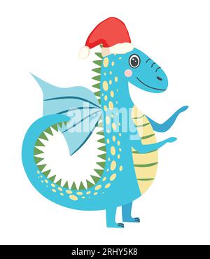 Mignon dragon de noël dans le chapeau de père noël. Année du Dragon 2024, calendrier chinois. Illustration de Vecteur