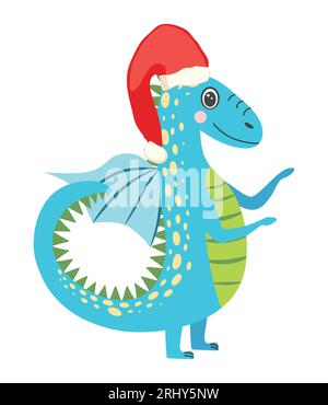 Mignon dragon de noël dans le chapeau de père noël. Année du Dragon 2024, calendrier chinois. Illustration de Vecteur