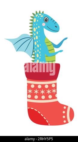 Mignon dragon de noël dans le chapeau de père noël. Année du Dragon 2024, calendrier chinois. Illustration de Vecteur