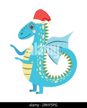 Mignon dragon de noël dans le chapeau de père noël. Année du Dragon 2024, calendrier chinois. Illustration de Vecteur