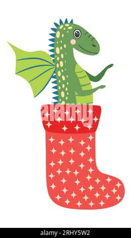 Mignon dragon de noël vert dans le chapeau de père noël. Année du Dragon 2024, calendrier chinois. Illustration de Vecteur