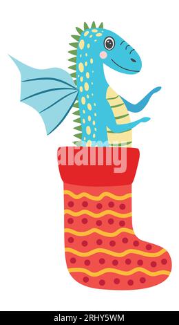 Mignon dragon de noël dans le chapeau de père noël. Année du Dragon 2024, calendrier chinois. Illustration de Vecteur