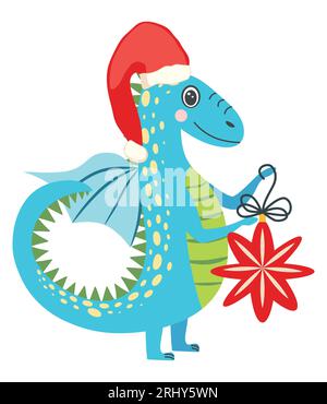 Mignon dragon de noël dans le chapeau de père noël. Année du Dragon 2024, calendrier chinois. Illustration de Vecteur