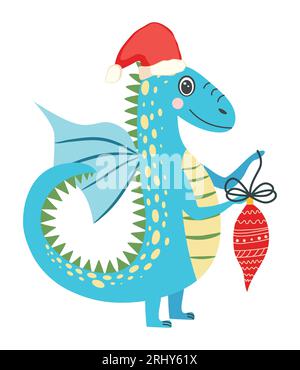 Mignon dragon de noël dans le chapeau de père noël. Année du Dragon 2024, calendrier chinois. Illustration de Vecteur