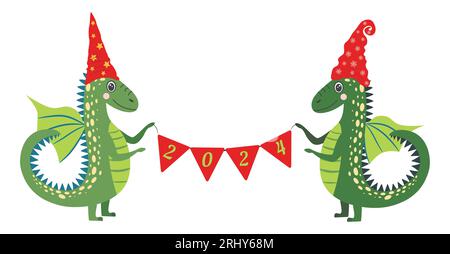 Année du Dragon 2024, calendrier chinois. Dragons mignons et inscription 2024. Illustration de Vecteur