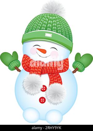 Mignon bonhomme de neige en bonnet tricoté avec pompons, écharpe et moufles. Vecteur bonhomme de neige Illustration de Vecteur