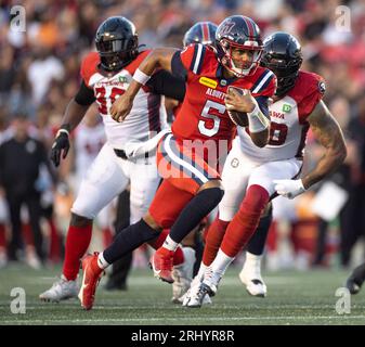 Ottawa, Canada. 19 août 2023. Caleb Evans (5) des Alouettes de Montréal joue en saison régulière dans la Ligue canadienne de football (LCF) entre les Alouettes de Montréal aux Redblacks d'Ottawa. Les Alouettes de Montréal ont remporté le match 25-24. 2023 Copyright Sean Burges / Mundo Sport Images / Alamy Live News Banque D'Images